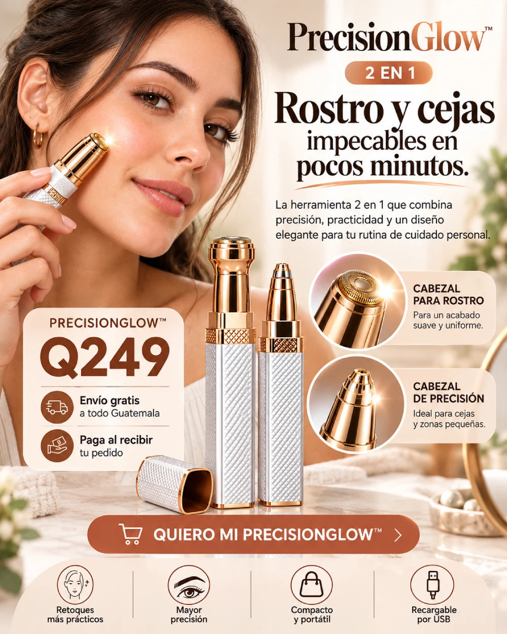 DEPILADOR FACIAL 2 EN 1 PRECISIONGLOW™ “TU HERRAMIENTA PARA RETOQUES DE ROSTRO Y CEJAS, ESTÉS DONDE ESTÉS.”