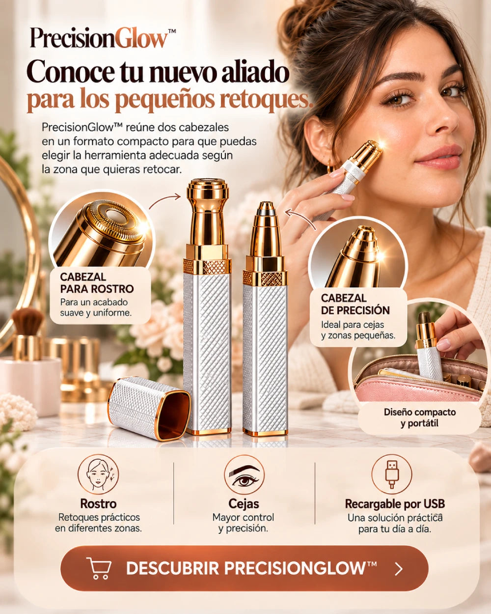 DEPILADOR FACIAL 2 EN 1 PRECISIONGLOW™ “TU HERRAMIENTA PARA RETOQUES DE ROSTRO Y CEJAS, ESTÉS DONDE ESTÉS.”